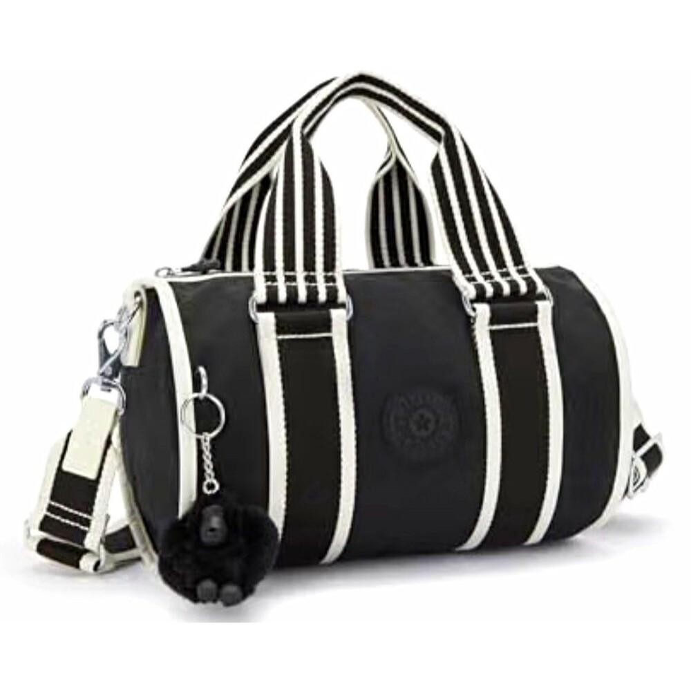 NWT Kipling black & white striped mini duffle crossbody, zip, monkey charm
